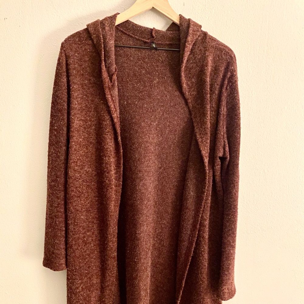 Long Maroon Hooded Cardigan